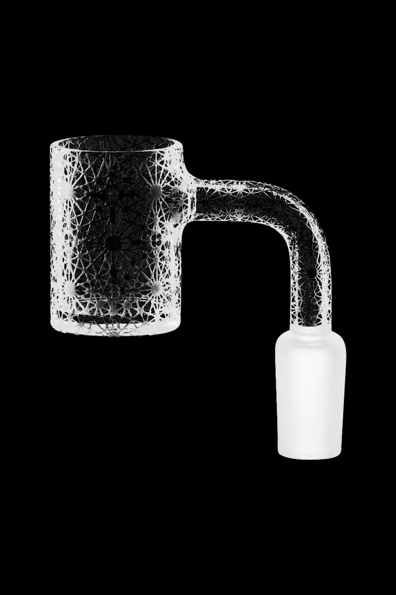 A close-up, angled view of the Pulsar Geometric Lace Etched Quartz Banger, showcasing its etched design and quartz material.