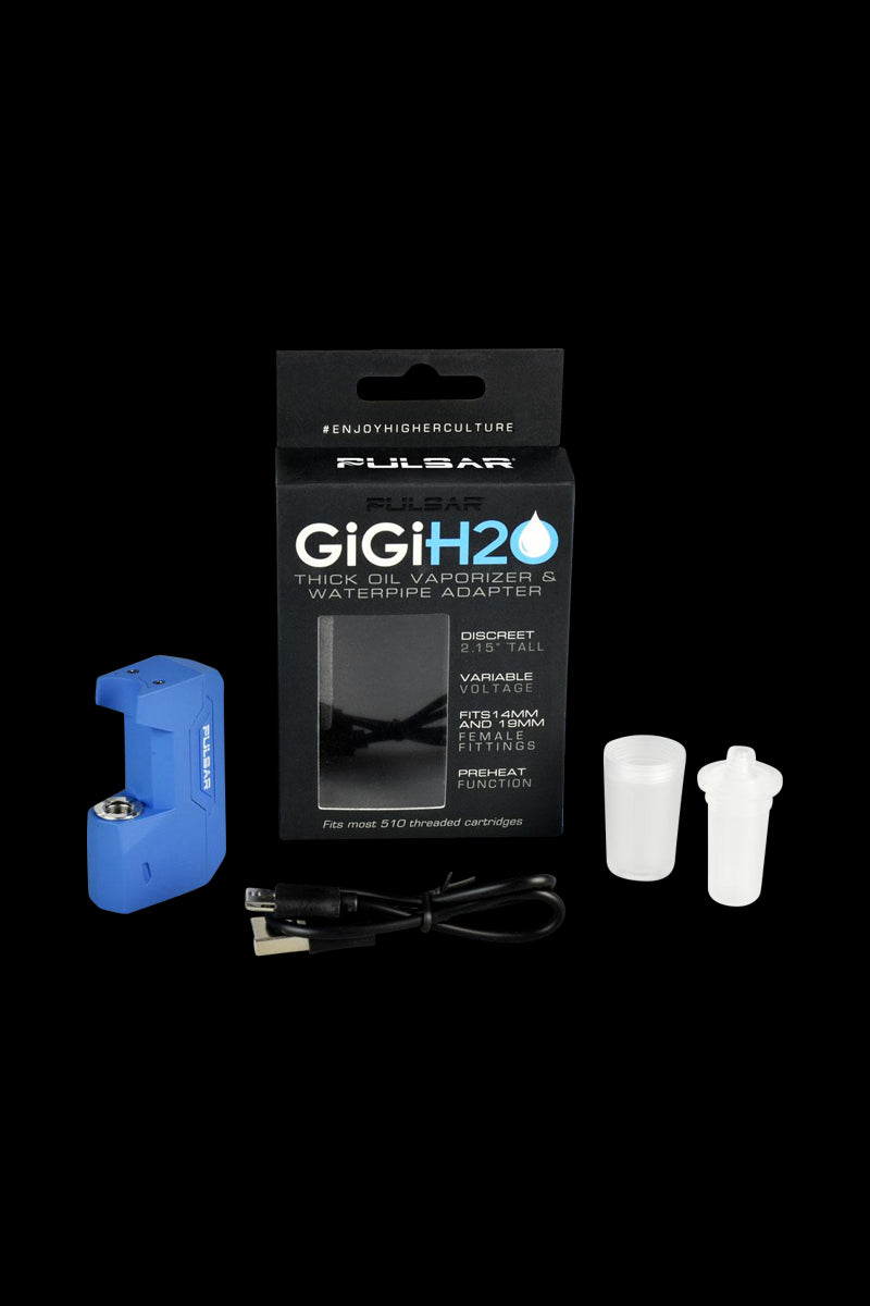A studio shot displays the Pulsar GiGi H2O 510 Battery & Water Pipe Adapter set against a black background, showcasing the sleek, cylindrical design.