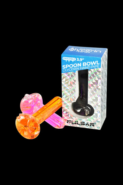 Front view of the Pulsar Glycerin Series Freezable Spoon Bowl Hand Pipe, showcasing its clear glass construction and curved design.
