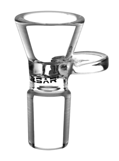 A close-up view of the Pulsar 18.8mm Male Herb Slide Bowl, showcasing its clear glass construction and rounded bowl shape.