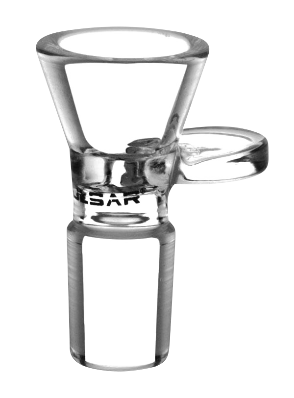 A close-up view of the Pulsar 18.8mm Male Herb Slide Bowl, showcasing its clear glass construction and rounded bowl shape.