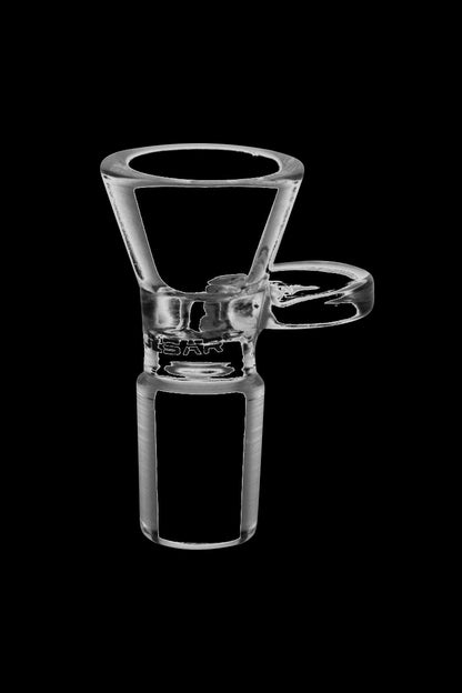 A close-up view of the Pulsar 18.8mm Male Herb Slide Bowl, displaying its glass construction and rounded bowl shape.