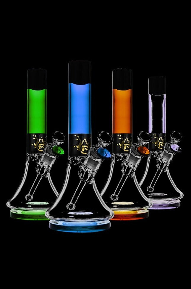A front view of the Pulsar High Class Beaker Bong, showcasing its clear glass construction and simple beaker shape.