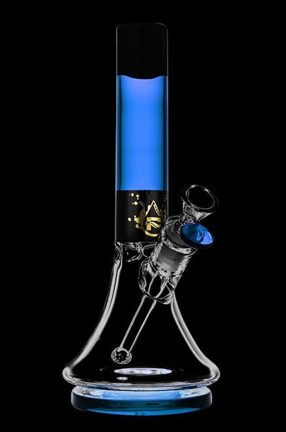 Front view of the Pulsar High Class Beaker Bong, showcasing its clear glass construction with a blue accent near the base.