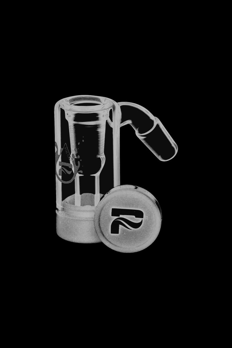 A close-up, angled view of the Pulsar 45 Degree Oil Reclaimer with Silicone Catch, showcasing its clear glass construction and catch cup.