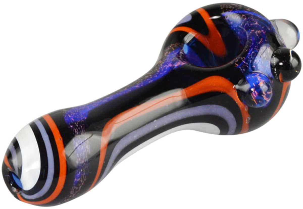 A three-quarter view of the Pulsar Dichro Swirl Spoon Pipe - Outer Space, showcasing its swirling, iridescent dichroic glass design.