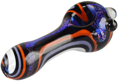 A three-quarter view of the Pulsar Dichro Swirl Spoon Pipe - Outer Space, showcasing its swirling, iridescent dichroic glass design.