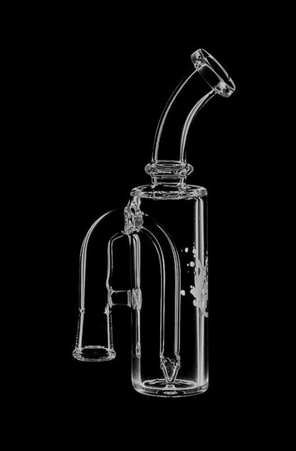 A side view of the Pulsar Petite Pocket Cart Rig Bubbler for Vapes, showcasing its clear glass construction and compact size.