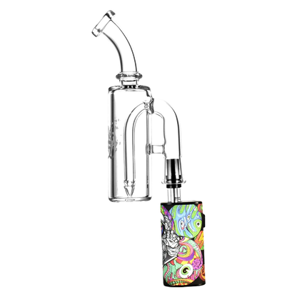 A front view of the Pulsar Petite Pocket Cart Rig Bubbler for Vapes, showing its clear glass construction and compact size.