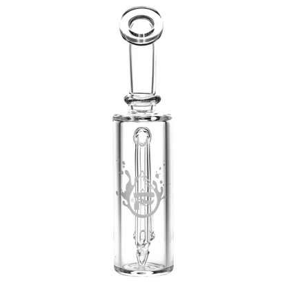 Front view of the Pulsar Petite Pocket Cart Rig Bubbler for Vapes, showcasing its clear glass construction and compact size.