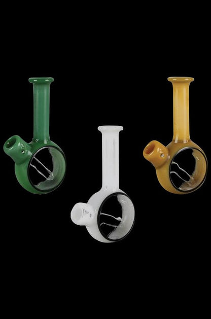 A side view of the Pulsar Pocket Bubbler, showing the clear glass bubbler with a rounded shape and visible mouthpiece.