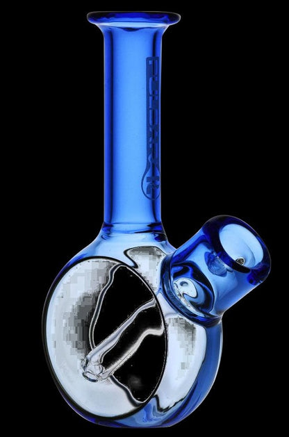 A close-up, angled view of the Pulsar Pocket Bubbler, showcasing its clear glass construction and compact design.