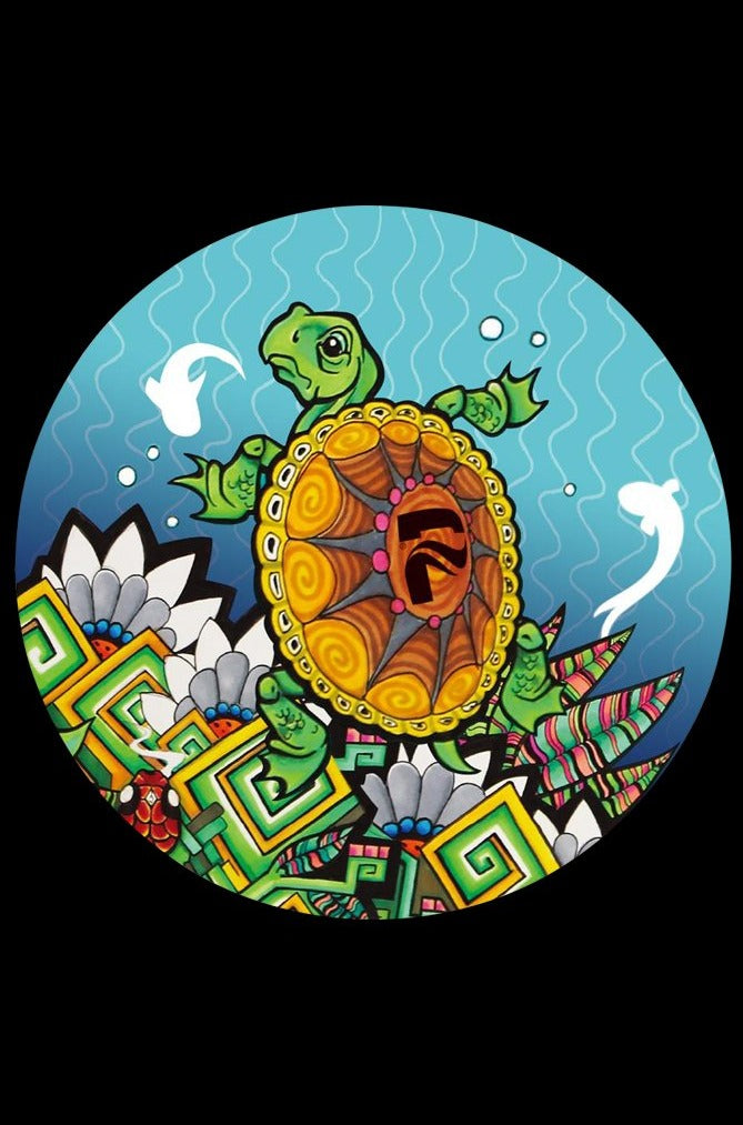 Front view of the Pulsar Psychedelic Turtle Beaker Water Pipe, featuring a colorful turtle design against a swirling blue background.