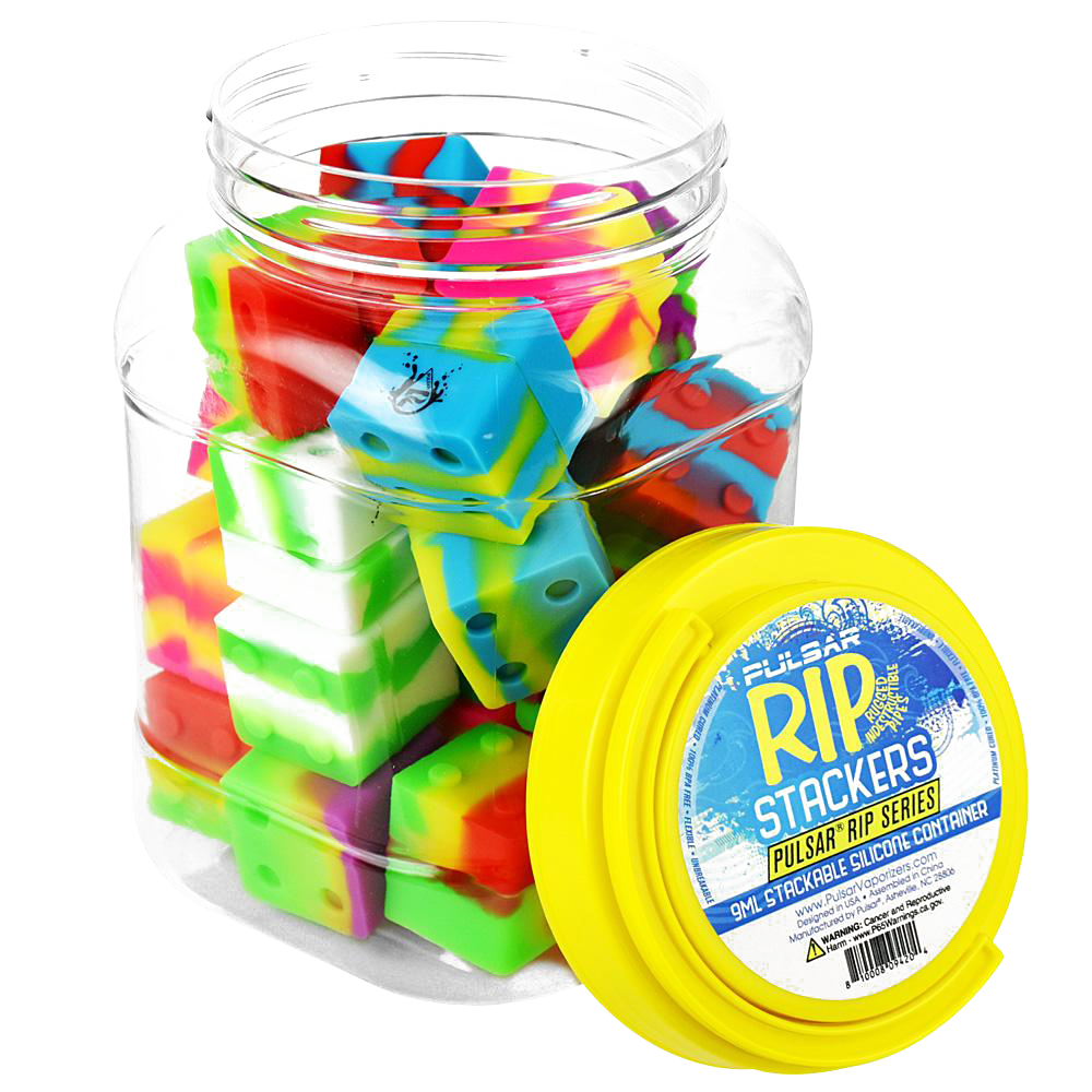 A close-up, angled view of the Pulsar RIP Series Silicone Dab Container, showing a colorful, multi-toned design.