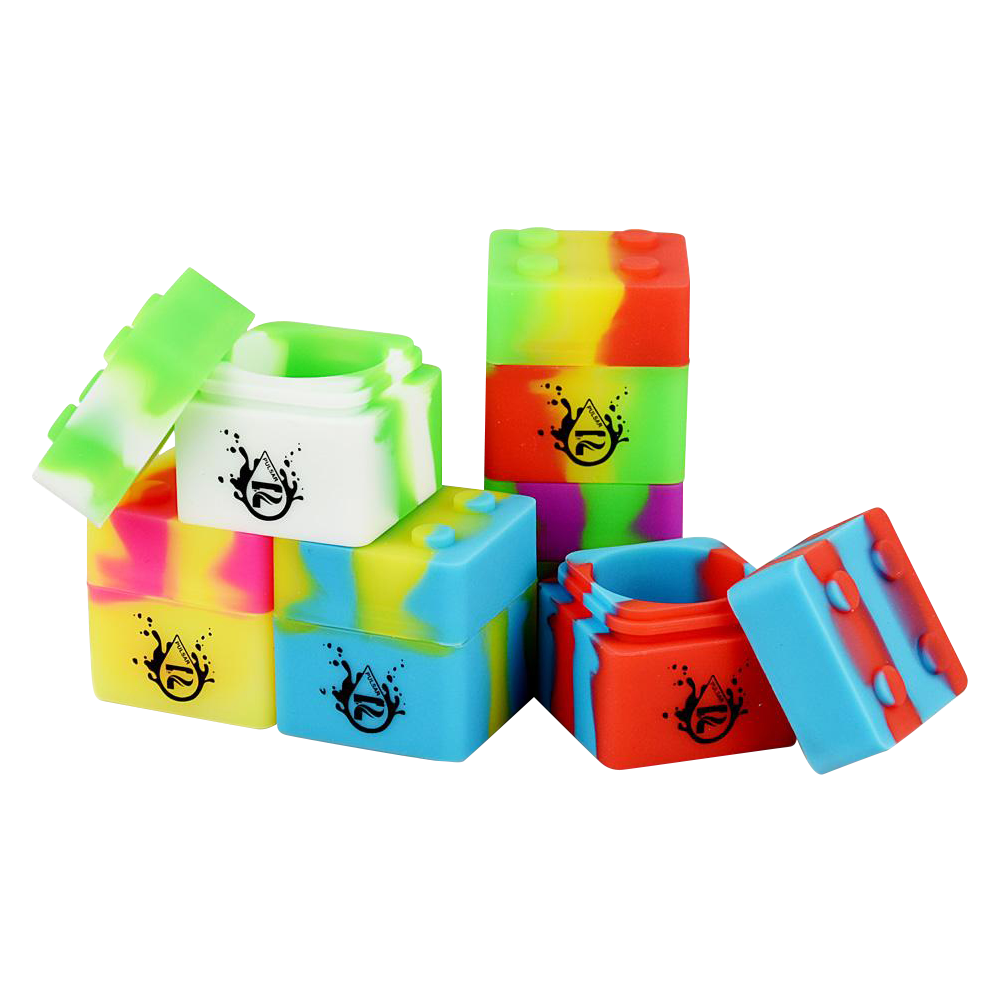 A top-down view of the Pulsar RIP Series Silicone Dab Container, showcasing a vibrant, colorful, square container with a textured lid.