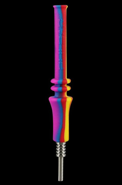 Front view of the Pulsar RIP Vapor Straw -Tie Dye, a slender, colorful straw-like device against a black backdrop.