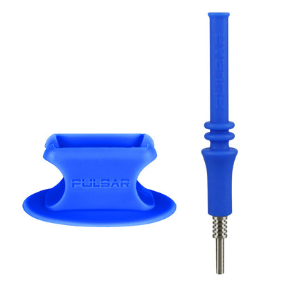 White-background studio shot of the Pulsar RIP Silicone Vapor Straw with Stand - Blue, showing the upright blue straw with metal tip next to its matching suction-cup stand.