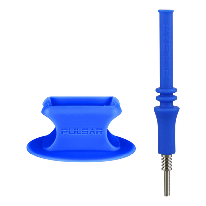 Studio-lit front view of the Pulsar RIP Silicone Vapor Straw with Stand - Blue, showing the embossed stand and textured straw.
