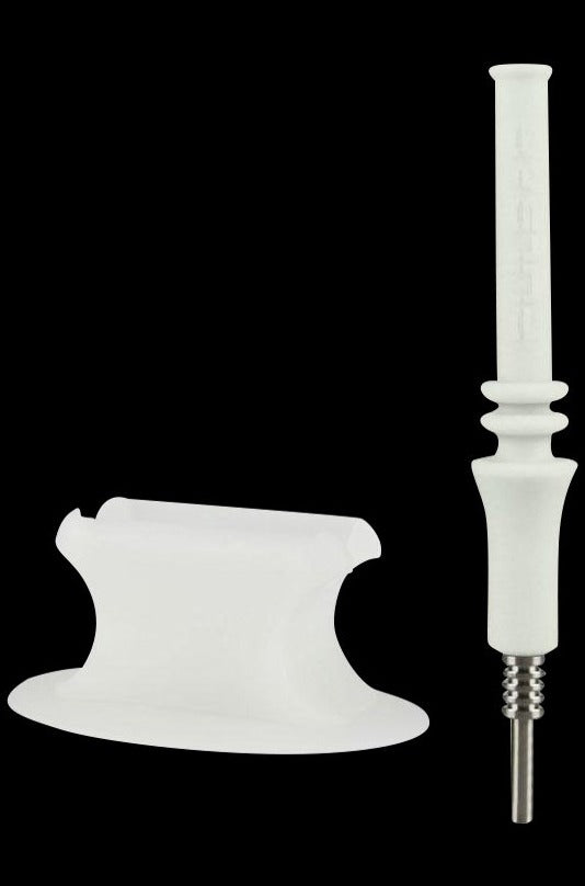Front view of the Pulsar RIP Vapor Straw with Stand - Glow, featuring a sleek, metallic straw resting on its stand.