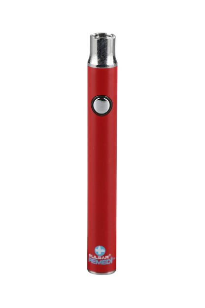 Close-up view of the Pulsar ReMEDi Variable Voltage Battery with Preheat, showcasing its sleek, metallic finish and minimalist design.