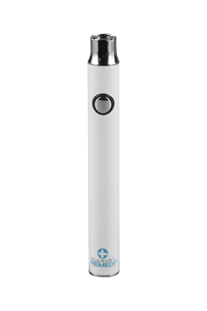 Front view of the Pulsar ReMEDi Variable Voltage Battery with Preheat, showing a sleek, silver cylindrical design.