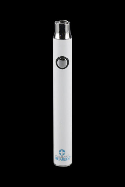 Front view of the Pulsar ReMEDi Variable Voltage Battery with Preheat, showing a sleek, silver cylindrical design.