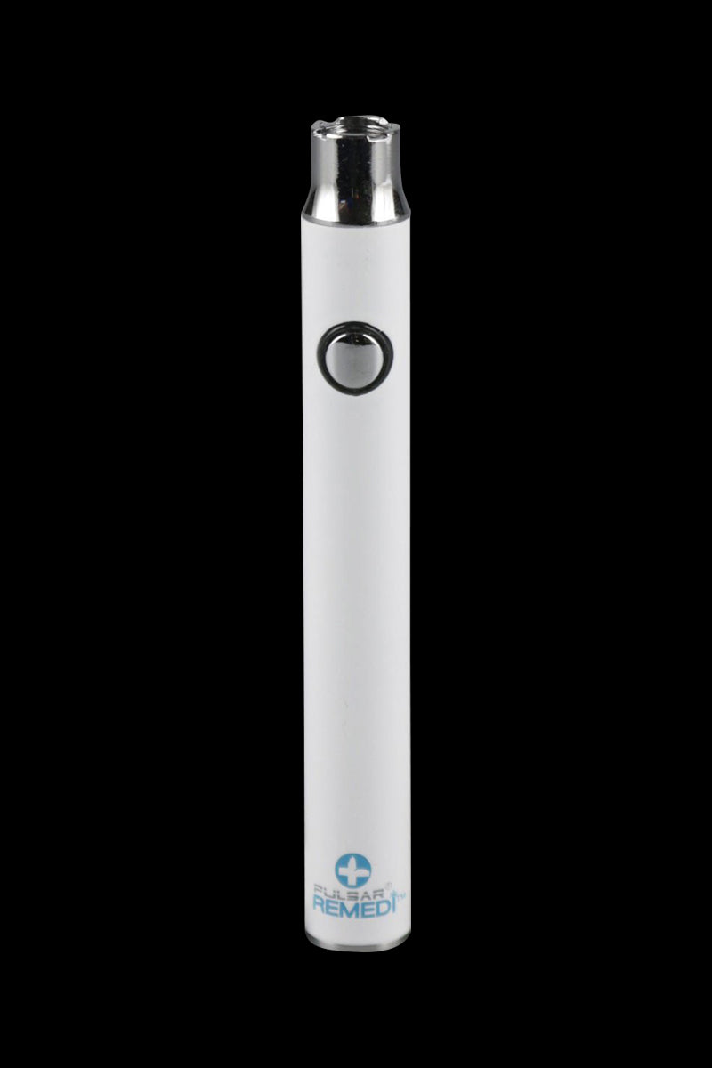 Front view of the Pulsar ReMEDi Variable Voltage Battery with Preheat, showing a sleek, silver cylindrical design.