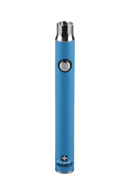 Front view of the Pulsar ReMEDi Variable Voltage Battery with Preheat, a sleek, silver-and-blue device against a plain white backdrop.