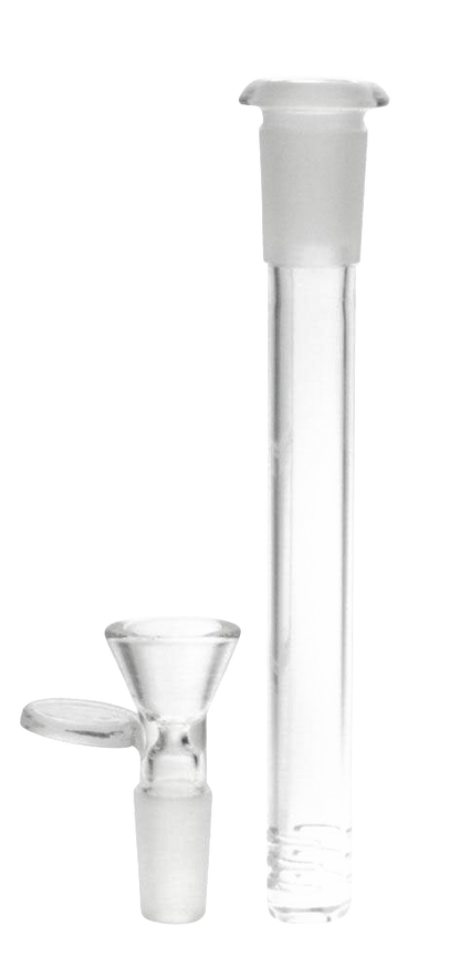 A close-up, angled view of the Pulsar Replacement Diffused Downstem & Herb Slide, showing its clear glass construction.