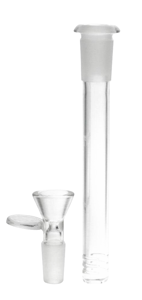 A close-up, angled view of the Pulsar Replacement Diffused Downstem & Herb Slide, showing its clear glass construction.