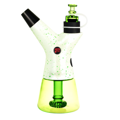 Green and white glass rig with black accents, used for vaporizing cannabis concentrates.