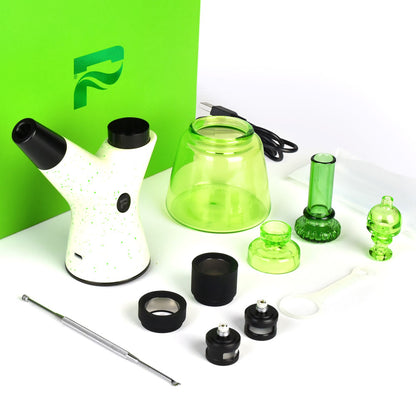 Cannabis dab rig and accessories laid out on a white surface, including a white electronic rig, green glass bubbler, dabbing tools, and various attachments.