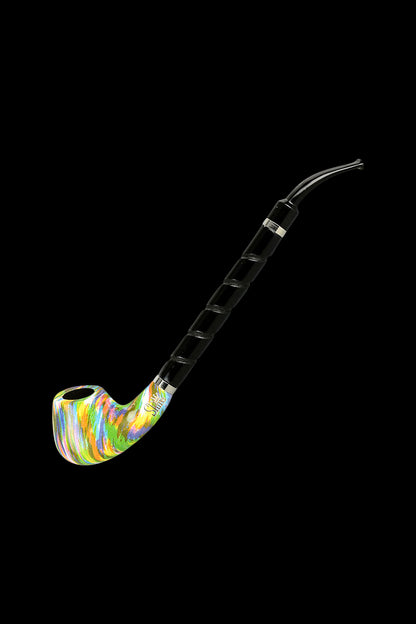 A side view of the Pulsar Shire Pipes Bent Brandy Rainbow Pipe, showing its colorful, curved design against a dark background.