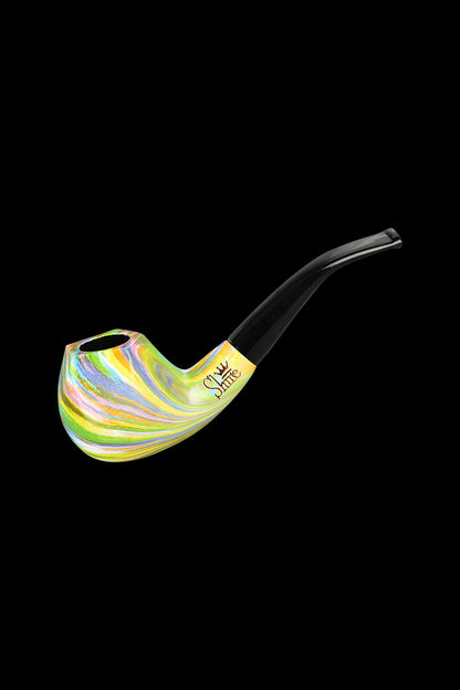 A side view of the Pulsar Shire Pipes Bent Brandy Rainbow Tobacco Pipe, showcasing its colorful, curved design against a dark background.