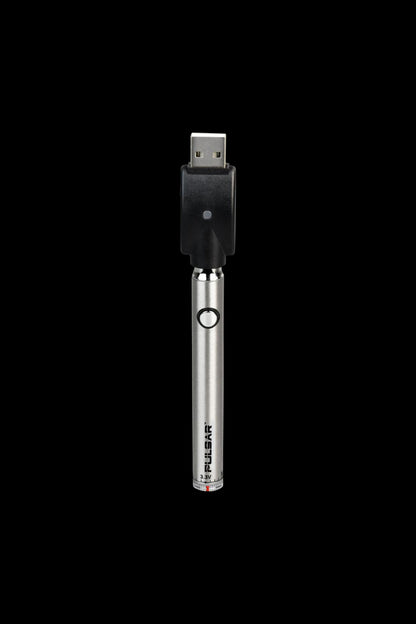 A sleek, silver Pulsar Slim Spinner VV Twist Style Battery is shown in a close-up, angled view against a dark background.