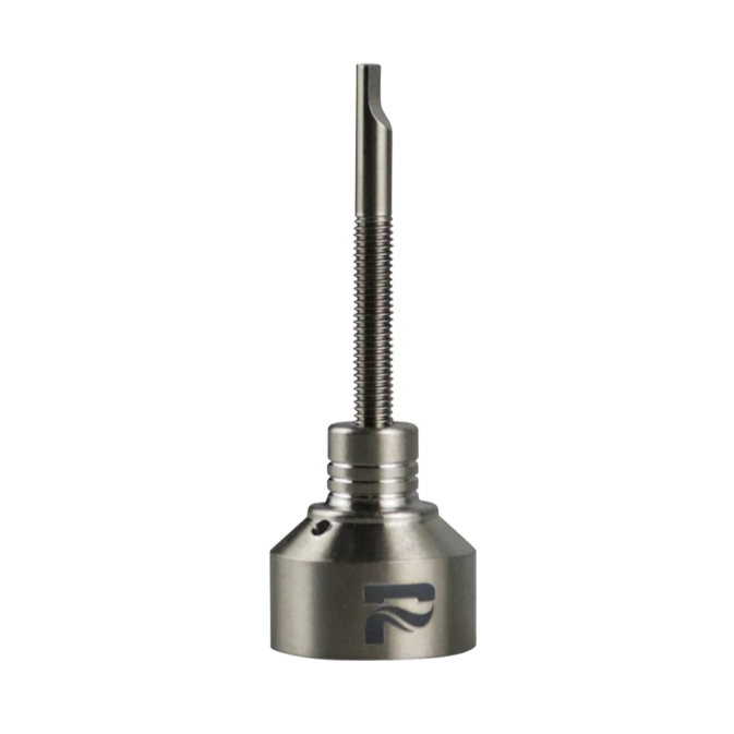 A close-up, angled view of the Pulsar Titanium Carb Cap with Dabber, showing its metallic sheen and sleek design.