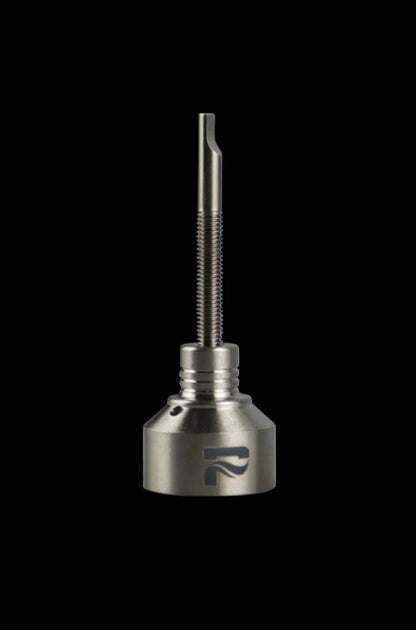 A close-up shot of the Pulsar Titanium Carb Cap with Dabber, showing its metallic sheen and angled design against a dark background.