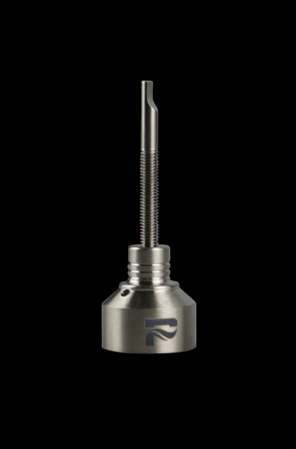 A close-up shot of the Pulsar Titanium Carb Cap with Dabber, showing its metallic sheen and angled design against a dark background.