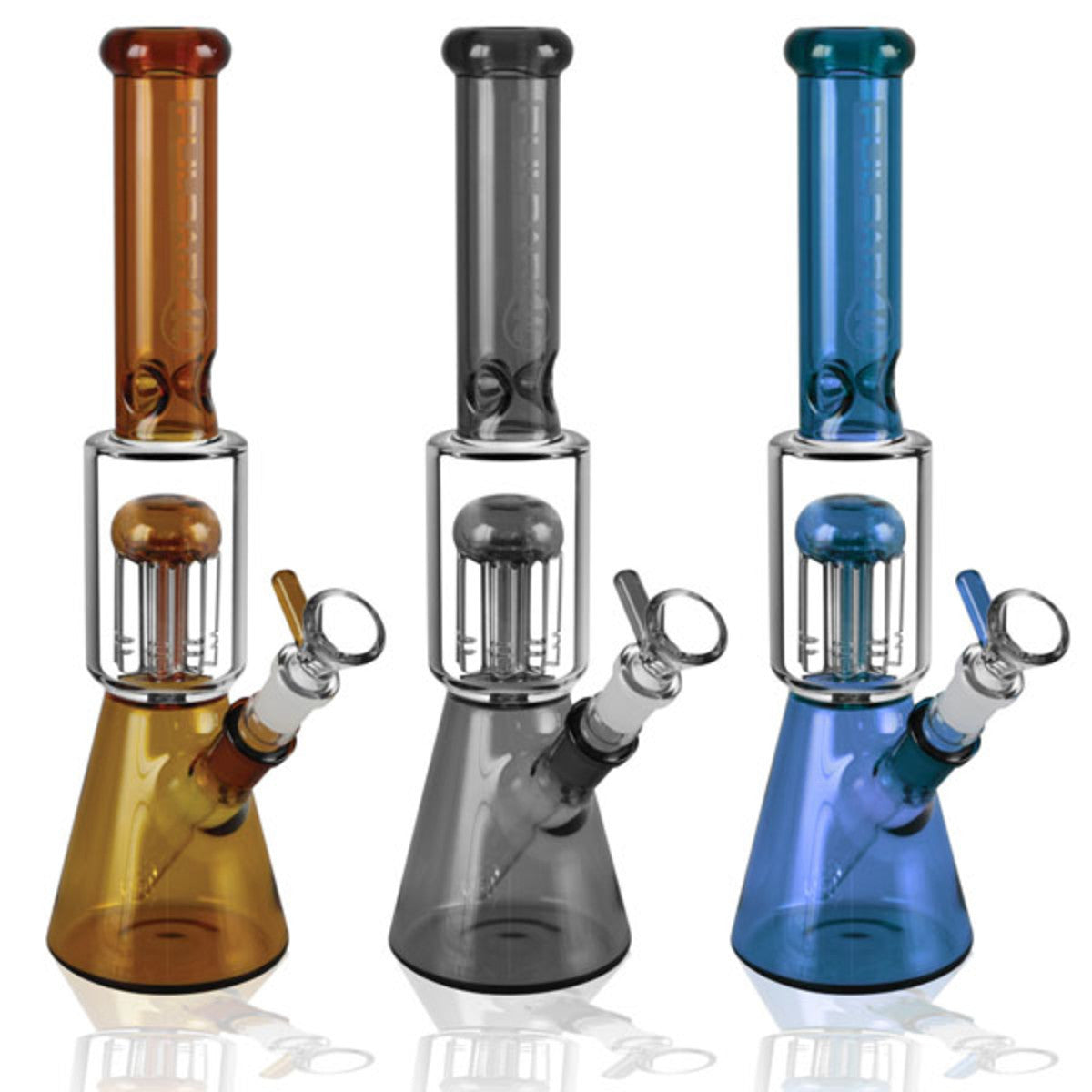 Front view of the Pulsar "Tree Hitter" Beaker Bong with Tree Perc, showcasing its clear glass construction and wide beaker base.