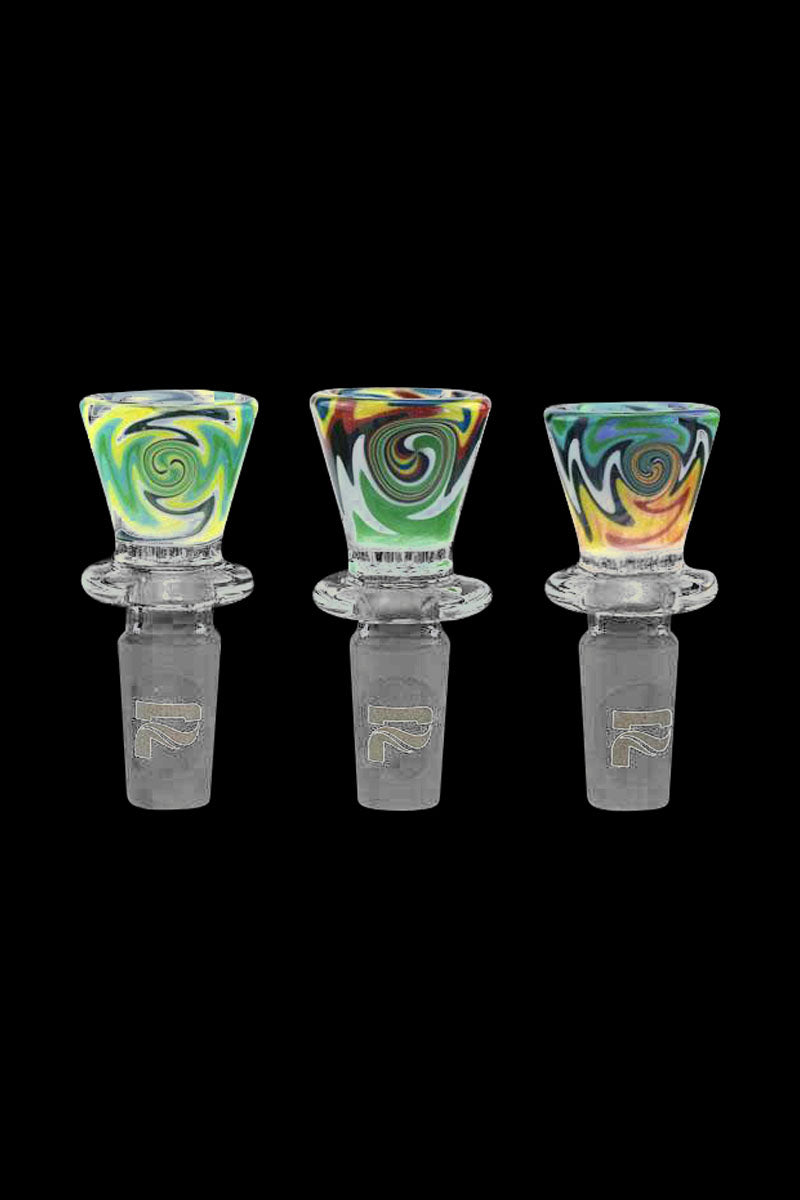 A close-up, angled view of the Pulsar Worked Herb Slide, featuring colorful swirls within the clear glass.