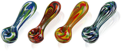 A close-up, angled view of the Pulsar Worked Spoon Hand Pipe - The Plasma Puller, showcasing its colorful glass design.