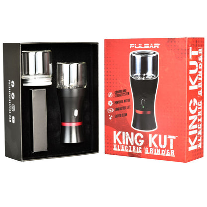 Front view of the Pulsar King Kut Electric Grinder with a silver finish, displaying its cylindrical shape and branded packaging.