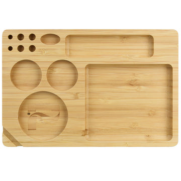 Overhead view of the Pulsar Rolling Tray with Storage, displaying a wooden tray with compartments for accessories. - Pulsar Rolling Tray with Storage
