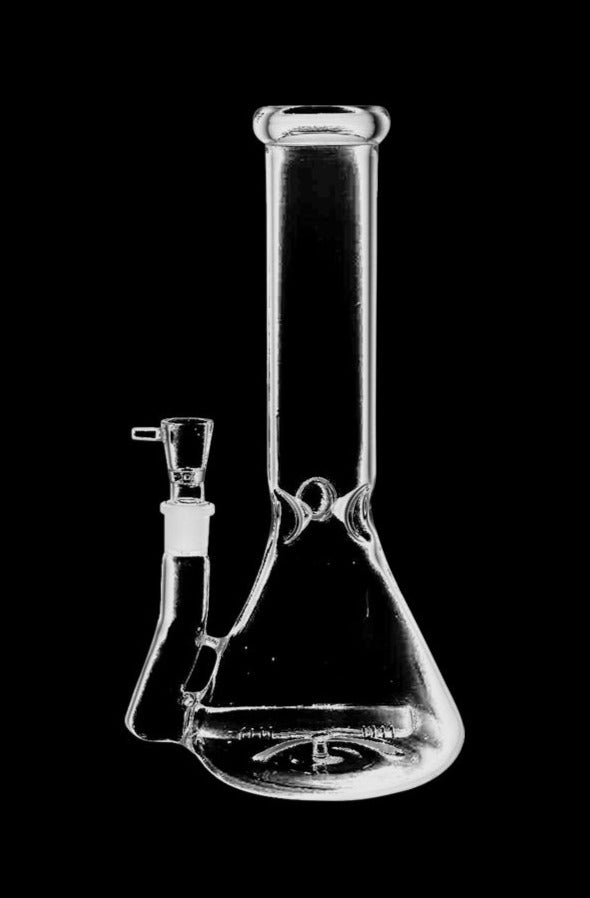 Front view of the Purity Inline Perc Beaker Bong, a clear glass piece with a simple, cylindrical shape against a black background.