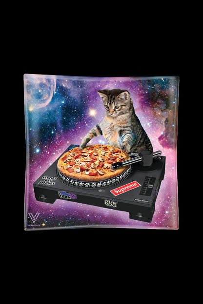 A vibrant, rectangular rolling tray depicting a grey kitten DJing with a pizza as a turntable, set against a cosmic, starry background, branded with "Supreme" and cannabis-themed logos.