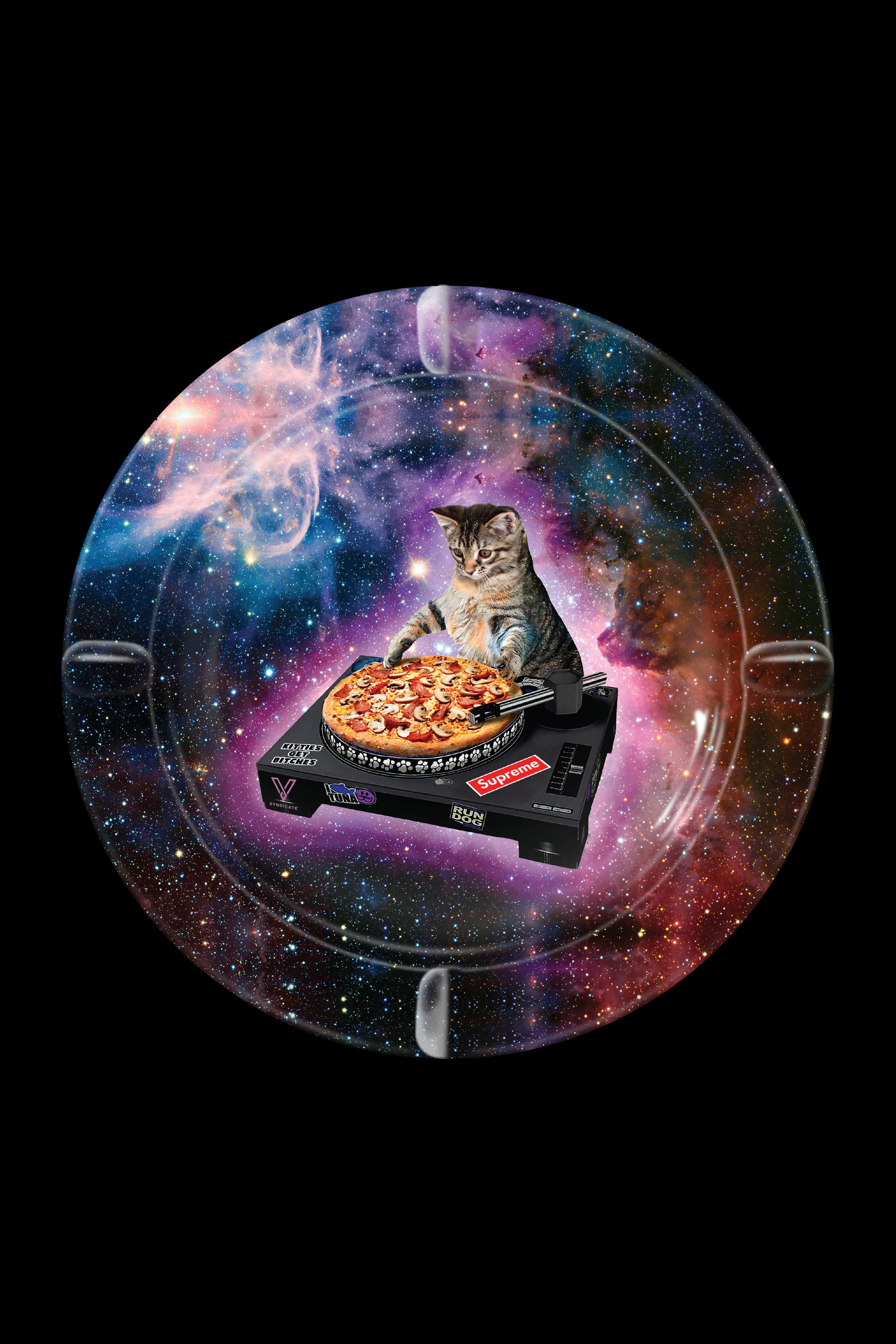 A circular, cosmic-themed design featuring a cat DJing on a cannabis grinder with a pizza slice, surrounded by celestial imagery and branded with cannabis-related logos.