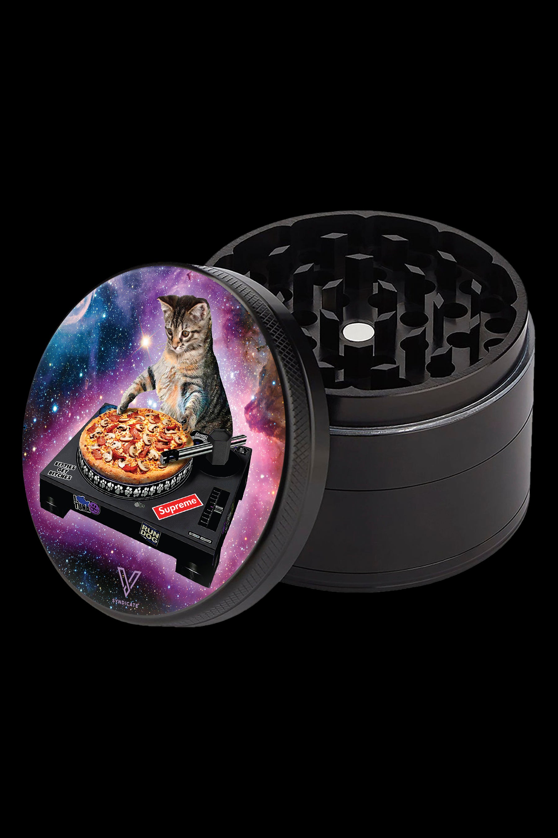 A colorful, space-themed grinder with a kitten holding pizza on the lid.