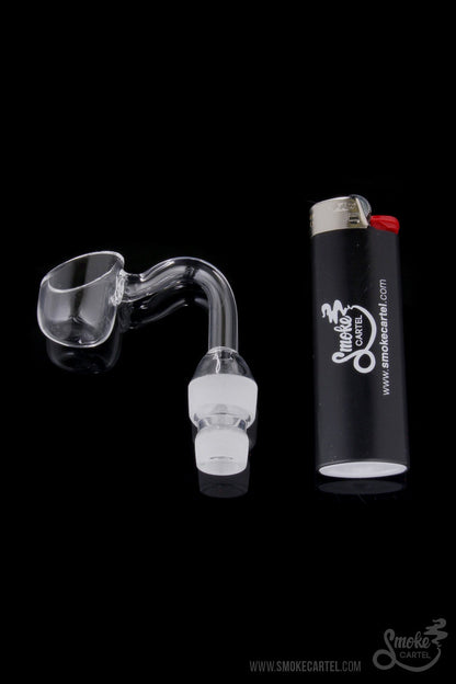 A close-up shows the Quartz Banger with Curved Tube, reflecting light against its clear glass construction.