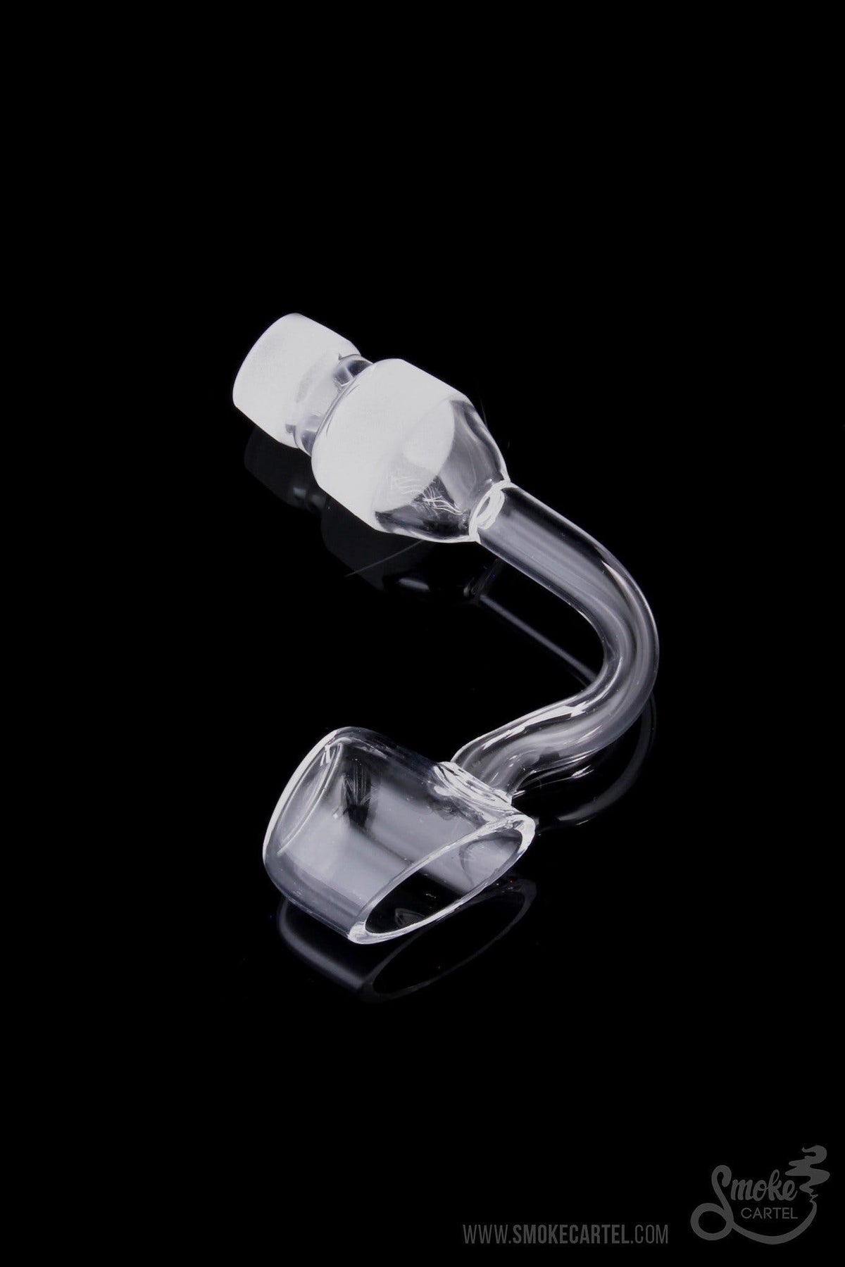 A close-up angled view of the Quartz Banger with Curved Tube, showcasing its clear glass construction and rounded form.