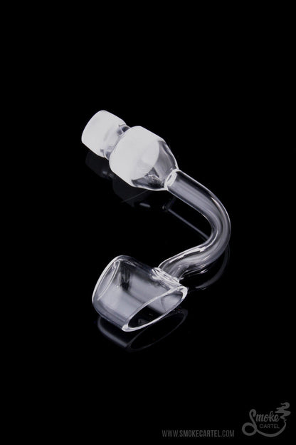 A close-up angled view of the Quartz Banger with Curved Tube, showcasing its clear glass construction and rounded form.